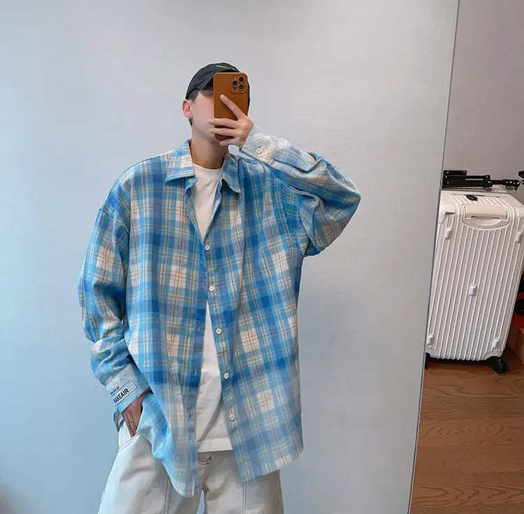 Retro Plaid Long Sleeve Shirt Blue White Summer Wear — feature 4