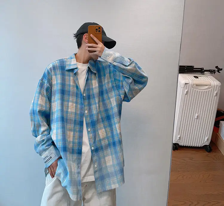 Retro Plaid Long Sleeve Shirt Blue White Summer Wear — feature 5