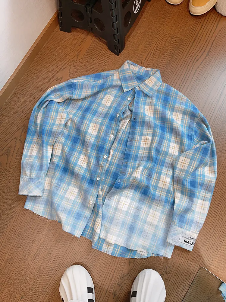 Retro Plaid Long Sleeve Shirt Blue White Summer Wear — feature 6