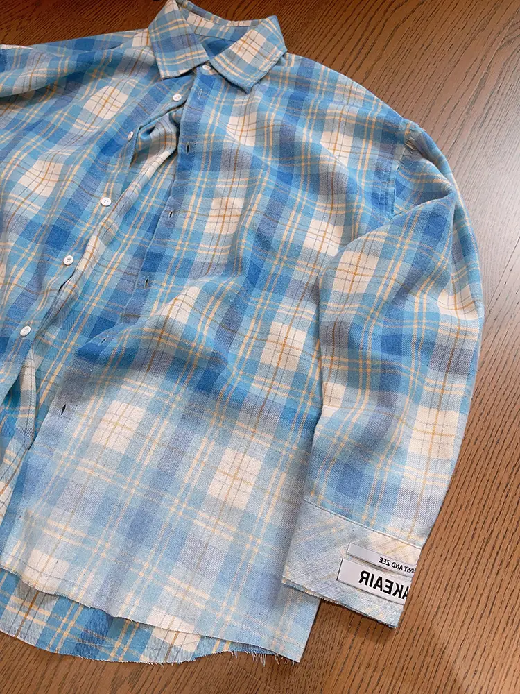 Retro Plaid Long Sleeve Shirt Blue White Summer Wear — feature 7