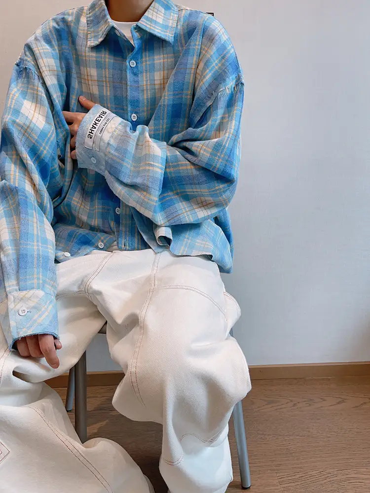 Retro Plaid Long Sleeve Shirt Blue White Summer Wear — feature 9