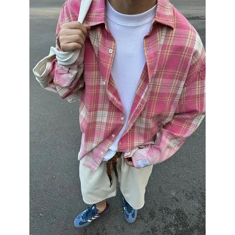 Retro Plaid Long Sleeve Shirt Blue White Summer Wear