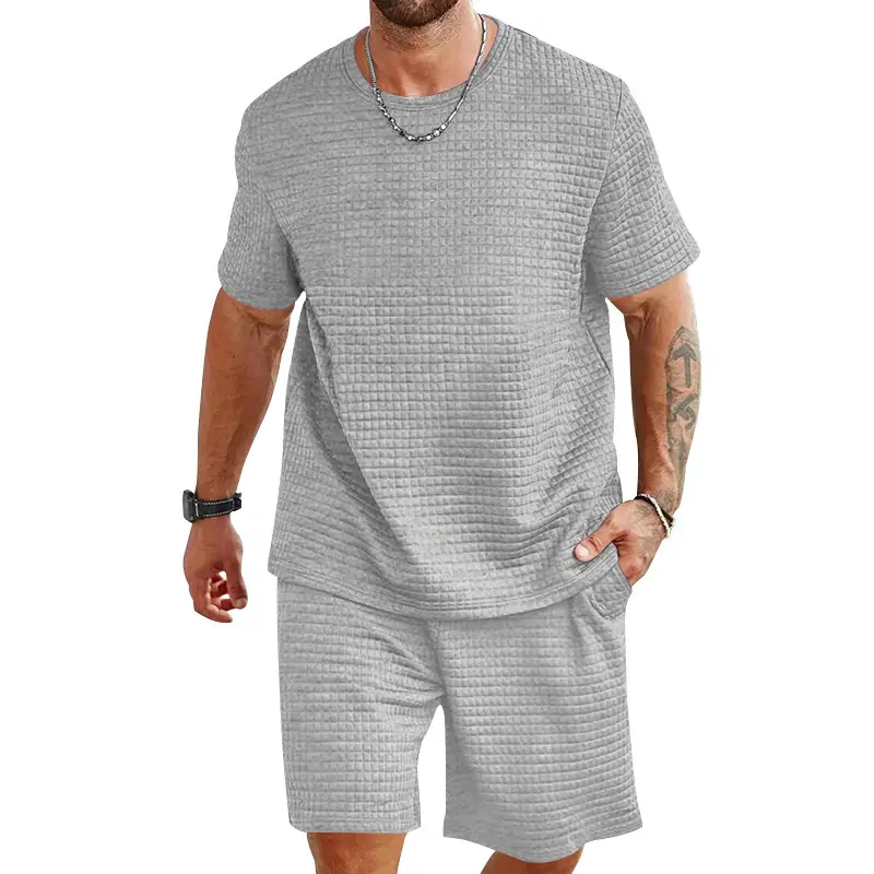 Men Black Waffle Shorts Set Summer Casual Shorts - Image 9