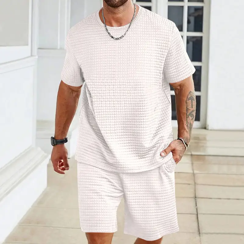 Men Black Waffle Shorts Set Summer Casual Shorts — feature 6