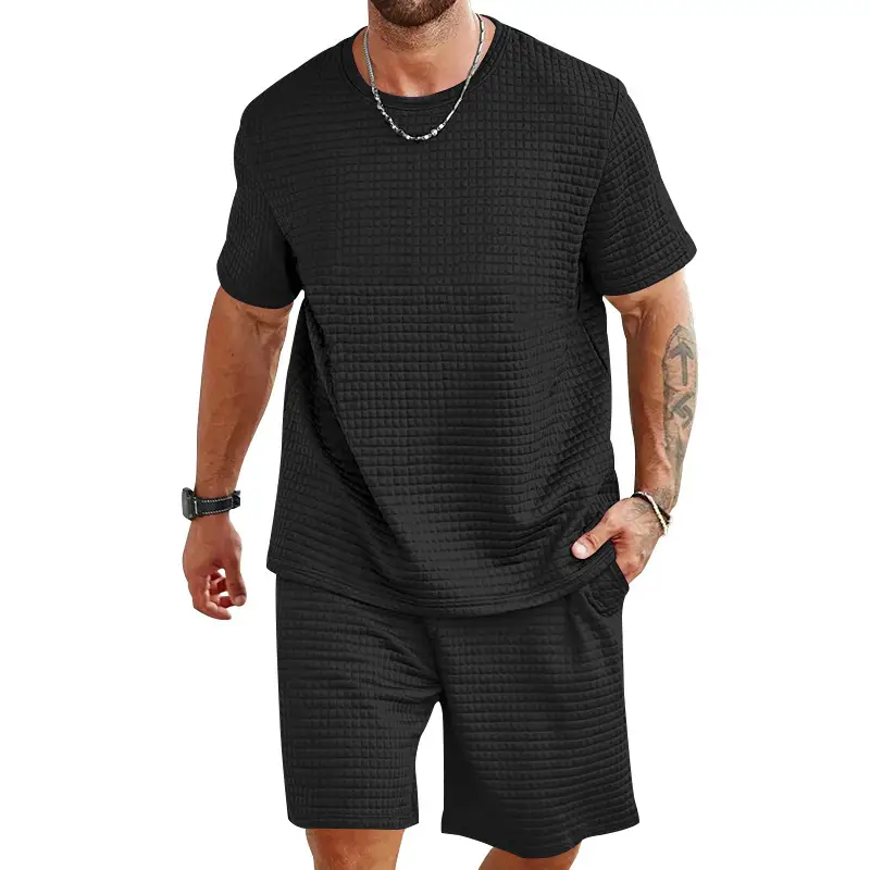 Men Black Waffle Shorts Set Summer Casual Shorts — feature 9
