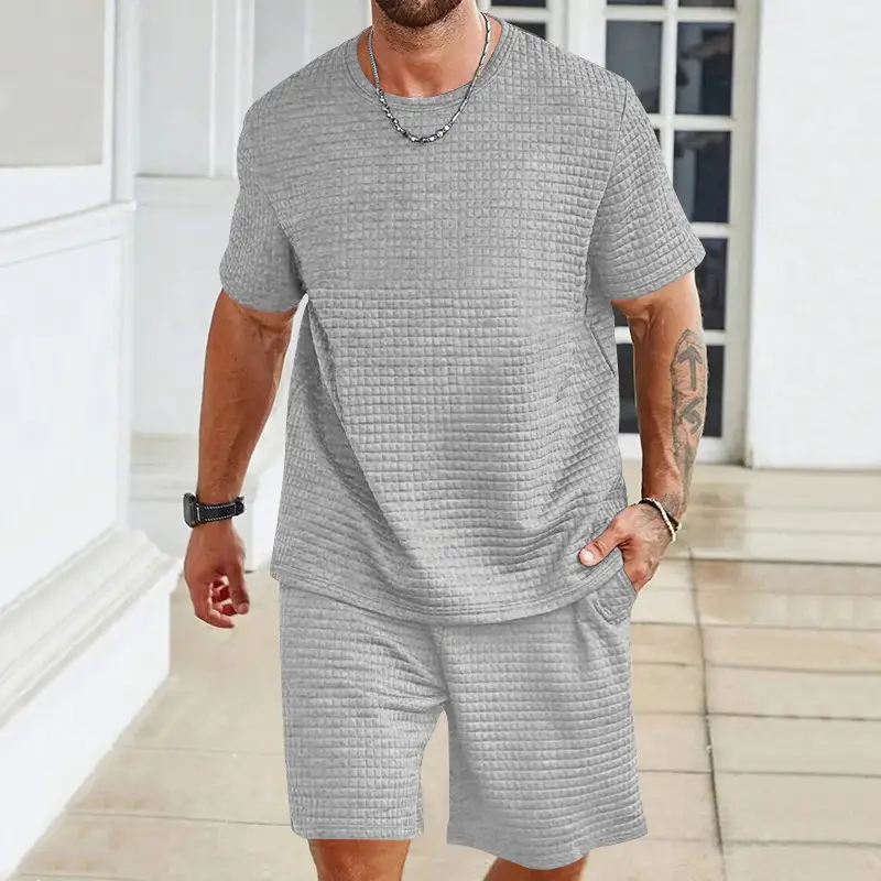 Men Black Waffle Shorts Set Summer Casual Shorts - Image 3