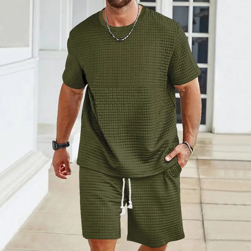 Men Black Waffle Shorts Set Summer Casual Shorts - Image 4