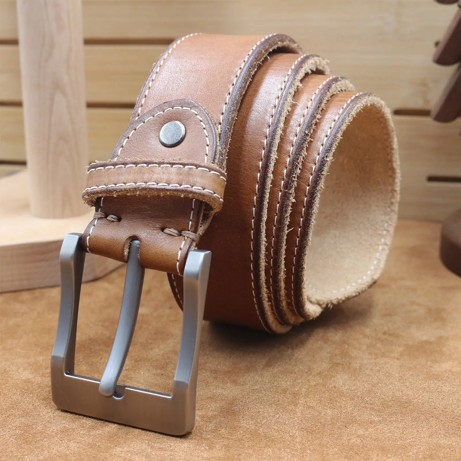Men's Cowhide Pin Buckle Belt Brown Leather - Image 6