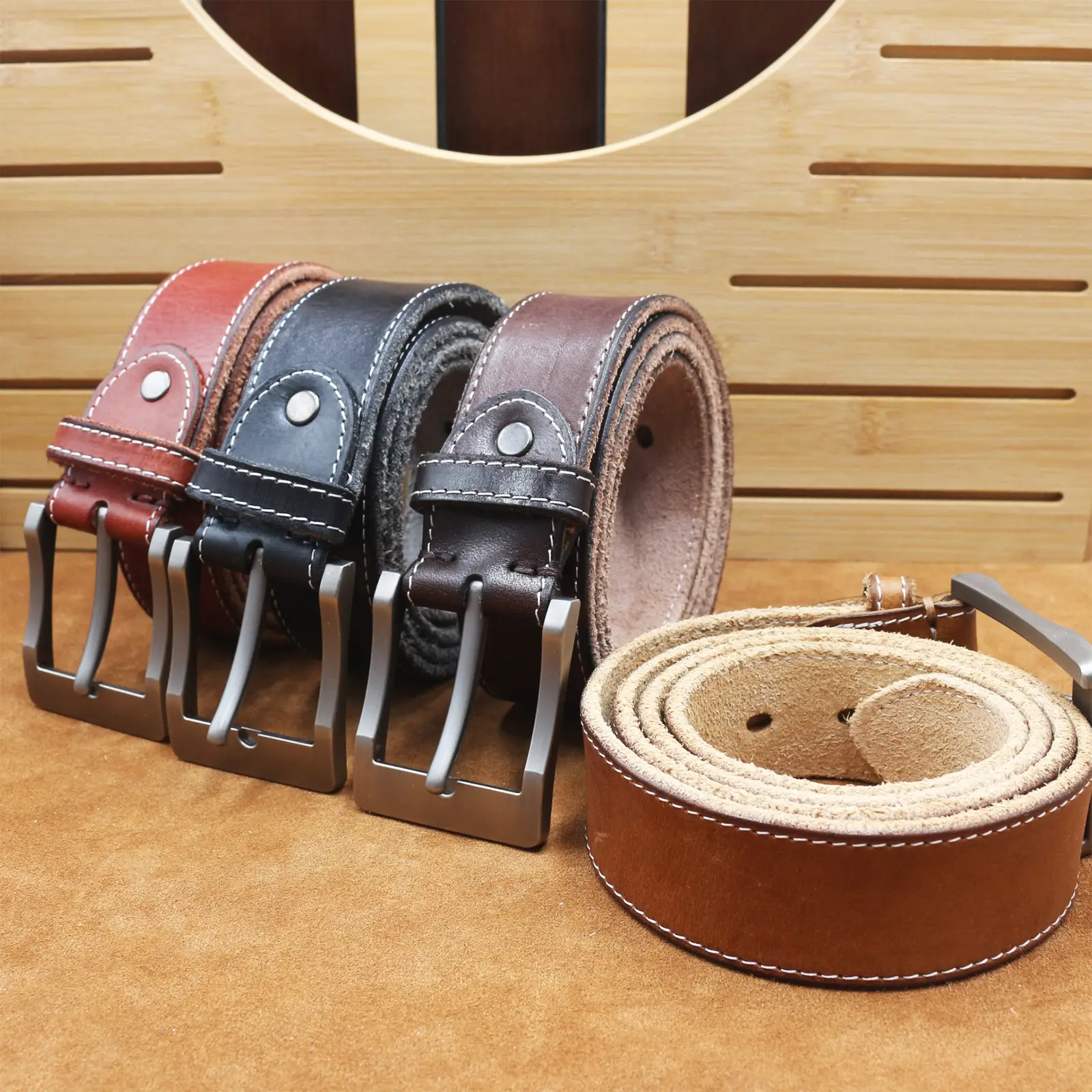 Men's Cowhide Pin Buckle Belt Brown Leather - Image 8