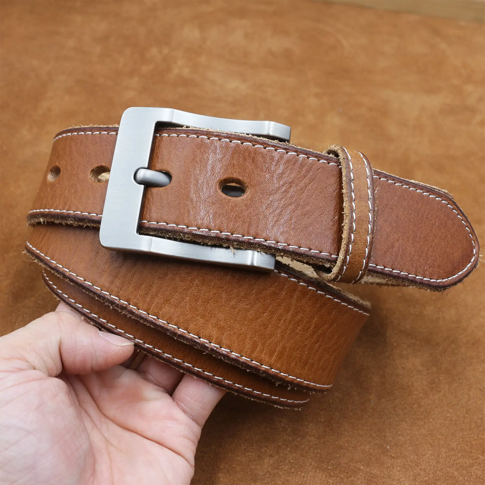 Men's Cowhide Pin Buckle Belt Brown Leather - Image 9