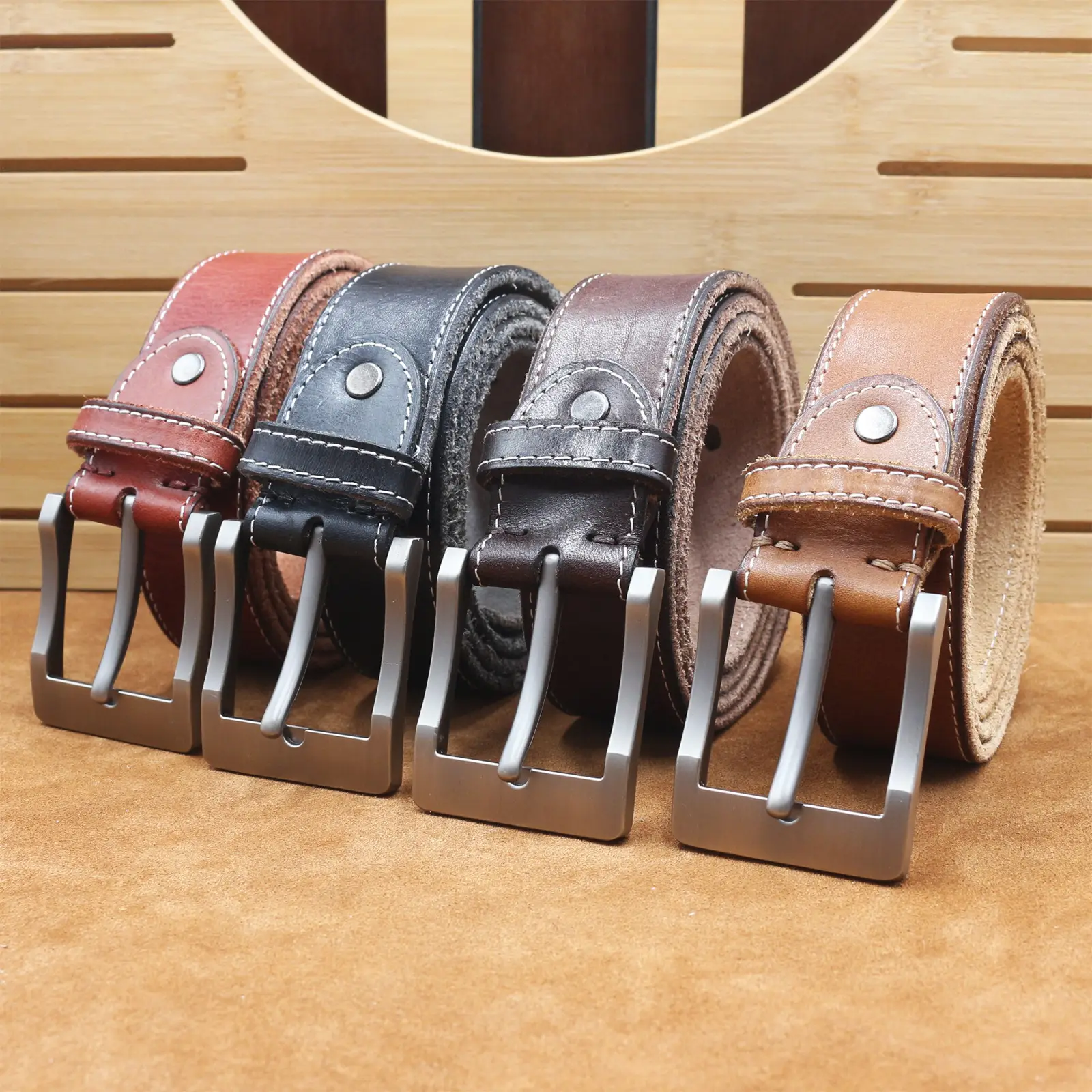 Men's Cowhide Pin Buckle Belt Brown Leather — feature 1