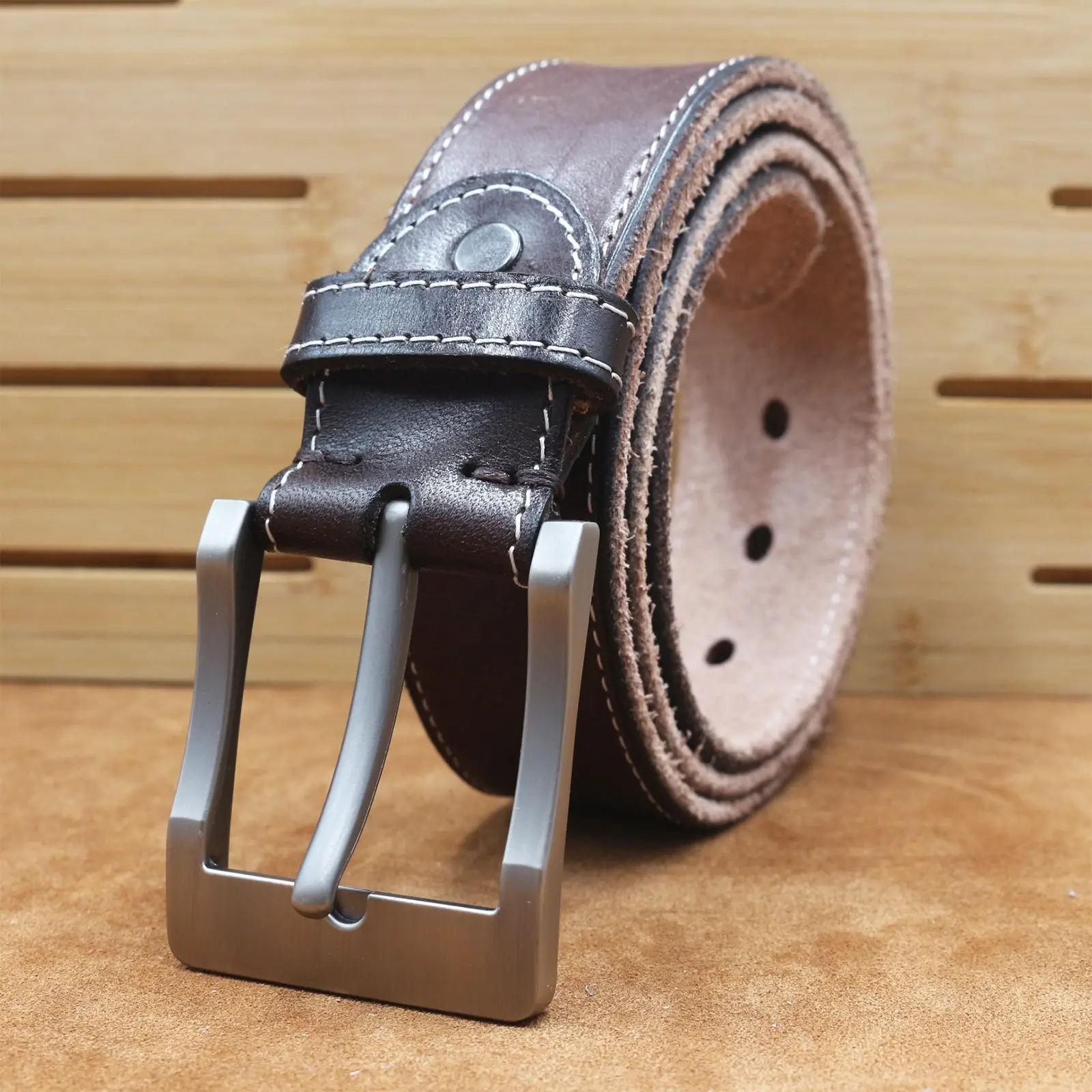 Men's Cowhide Pin Buckle Belt Brown Leather — feature 10