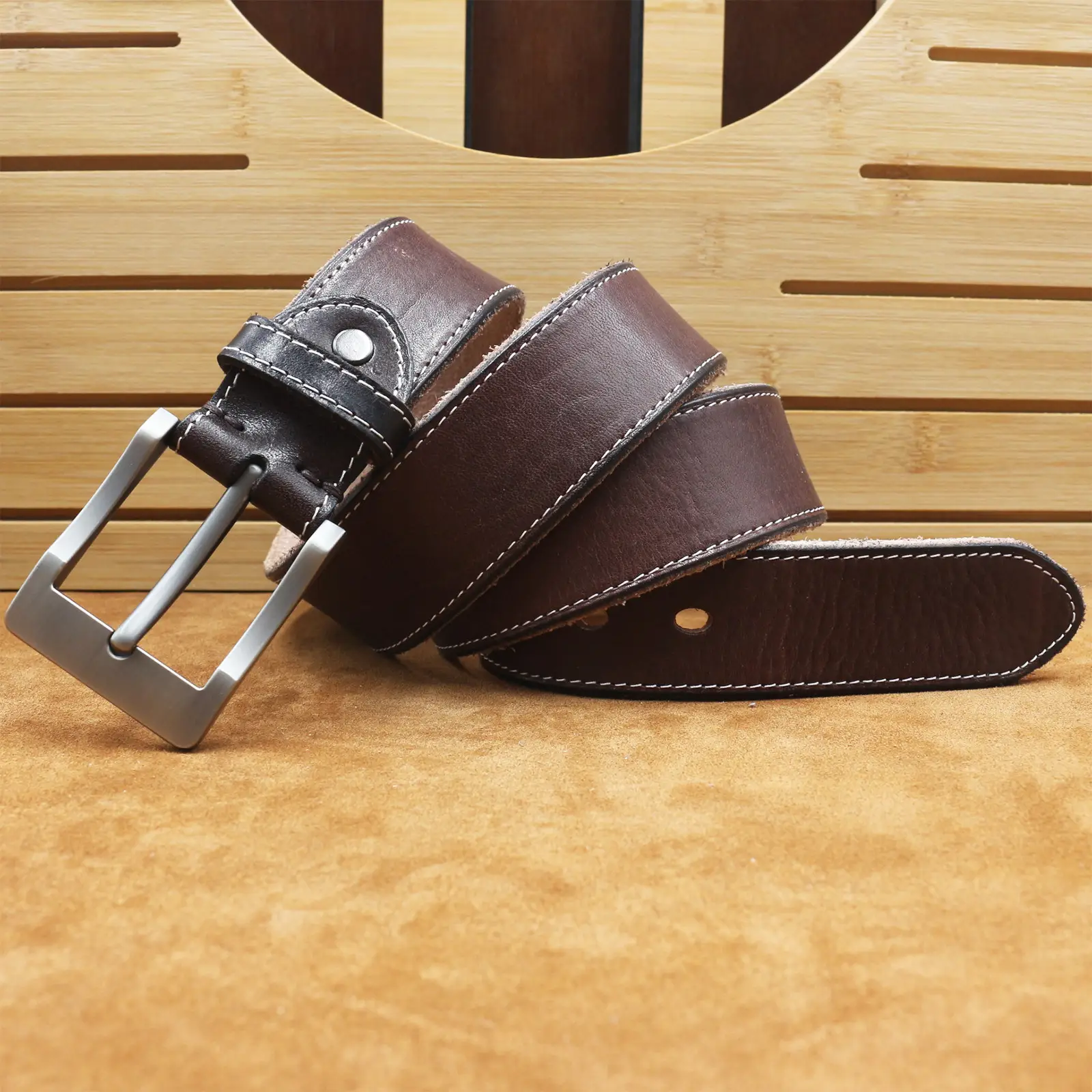 Men's Cowhide Pin Buckle Belt Brown Leather — feature 11