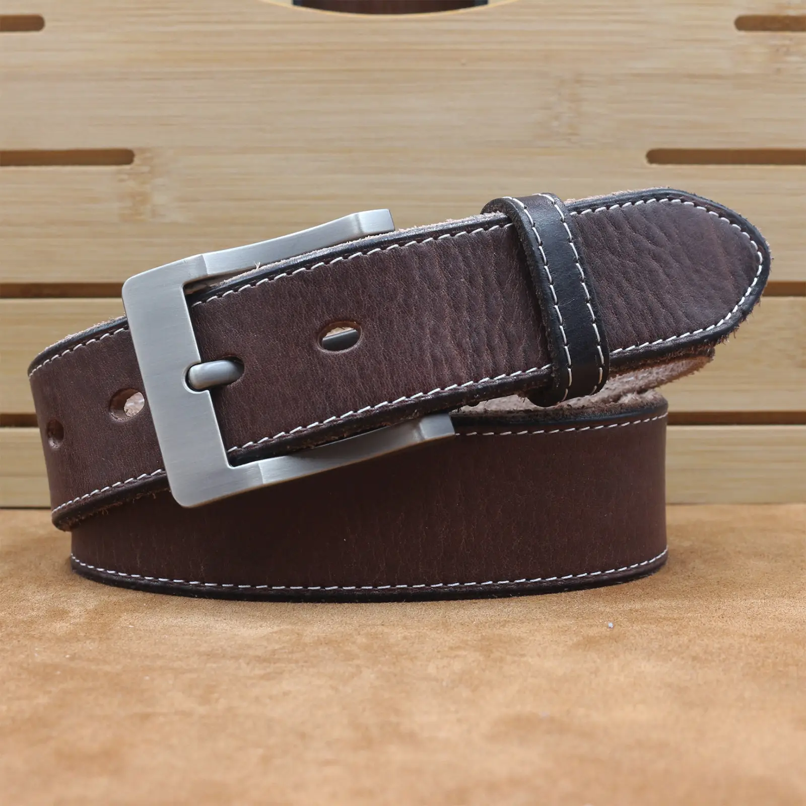 Men's Cowhide Pin Buckle Belt Brown Leather — feature 13
