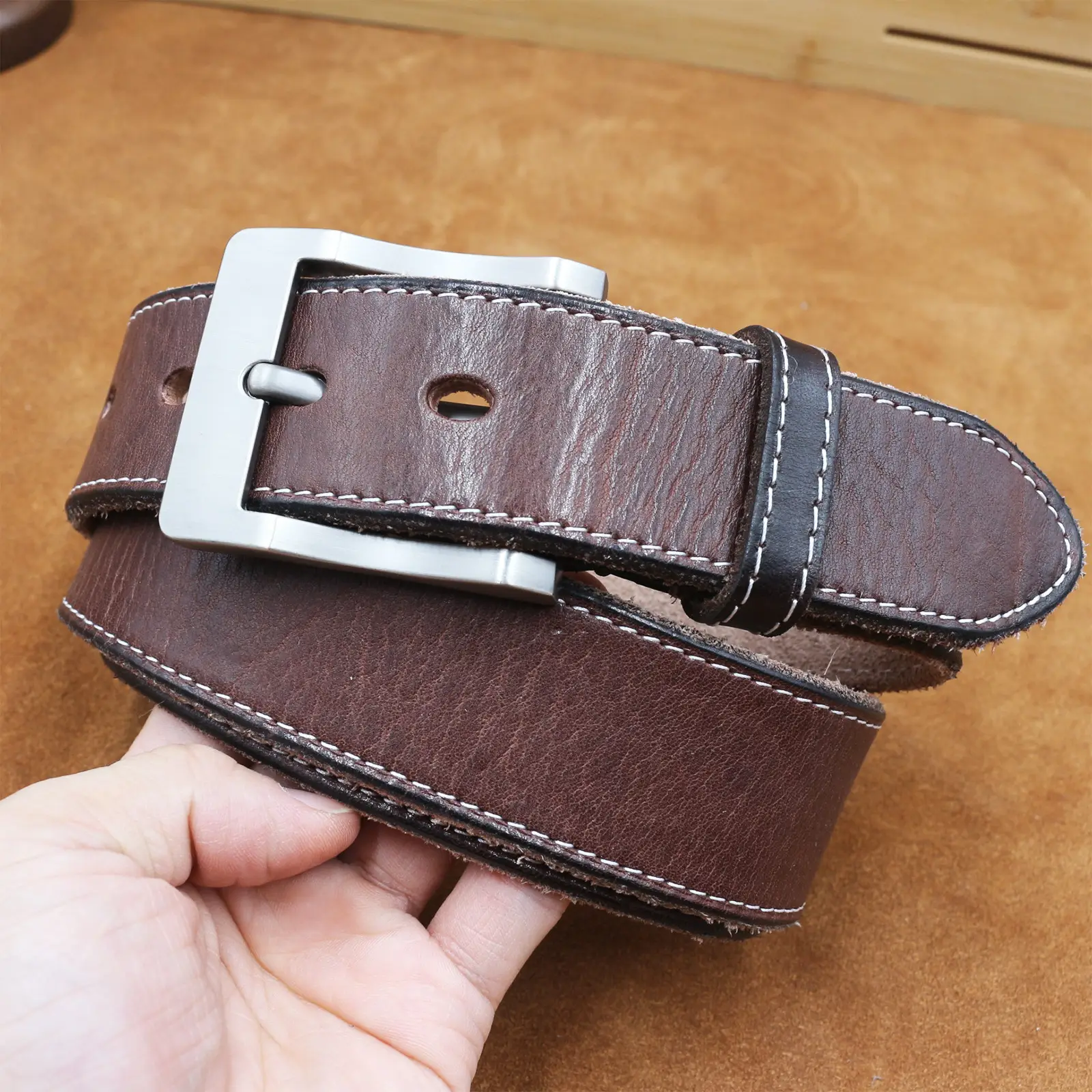 Men's Cowhide Pin Buckle Belt Brown Leather — feature 14