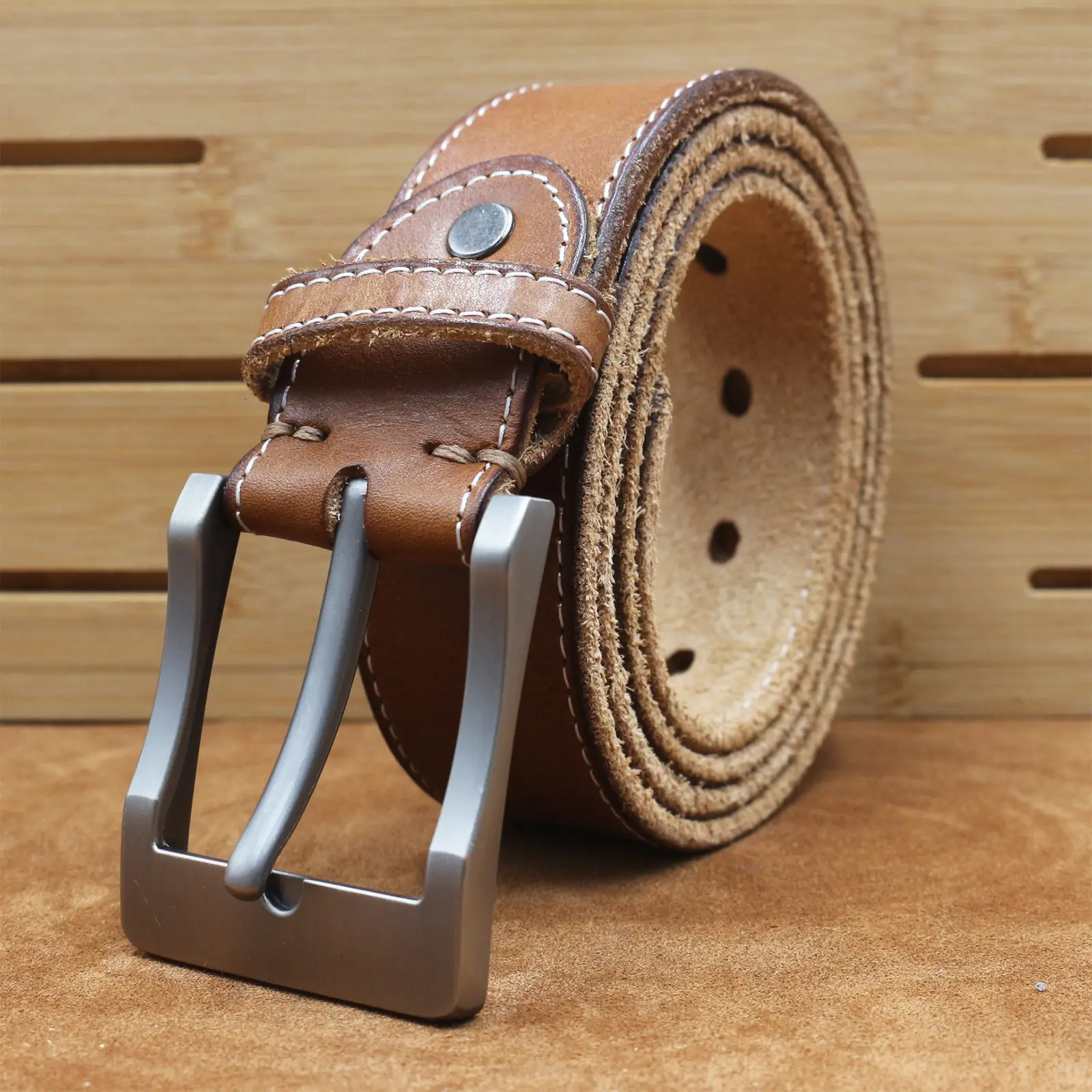 Men's Cowhide Pin Buckle Belt Brown Leather — feature 16