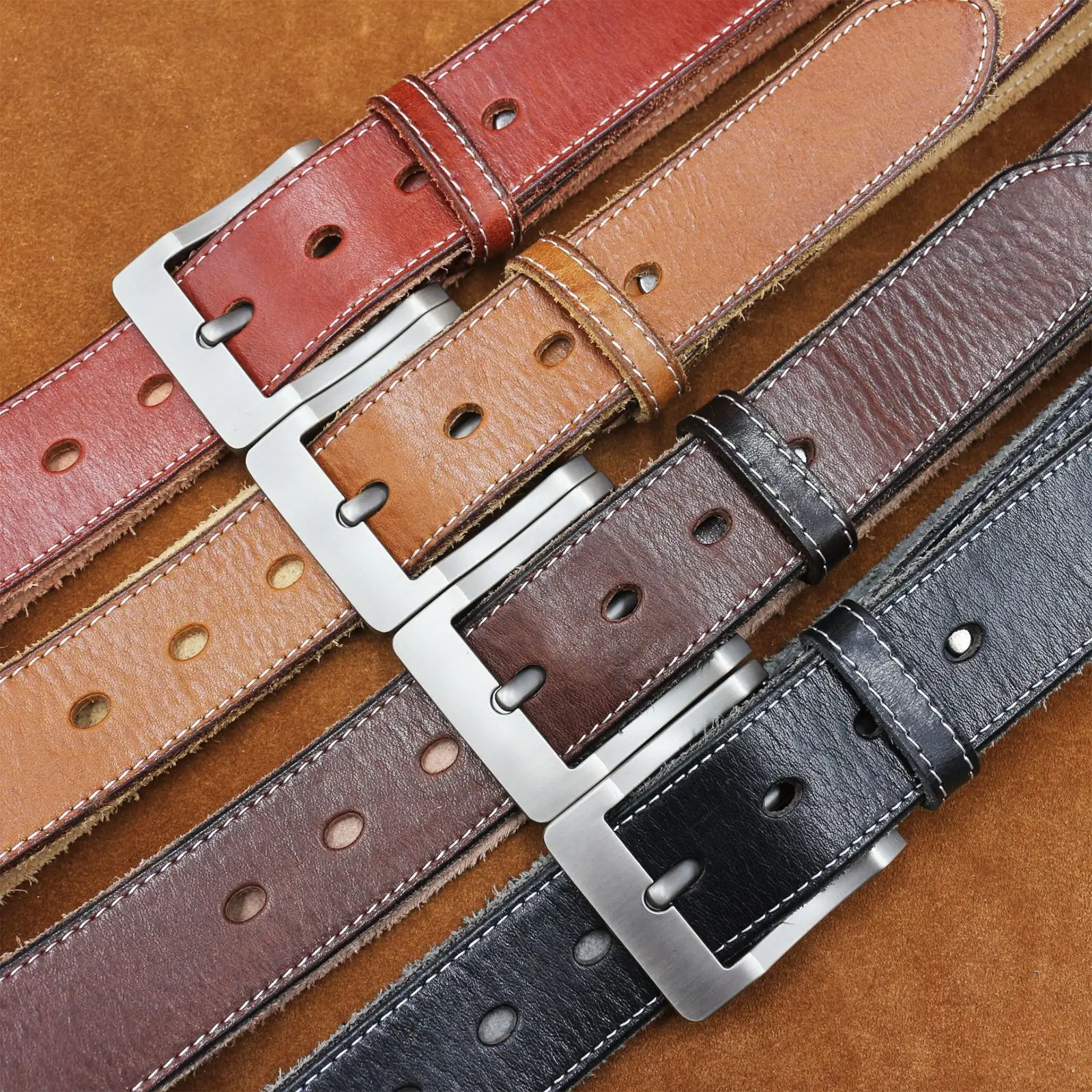 Men's Cowhide Pin Buckle Belt Brown Leather — feature 3