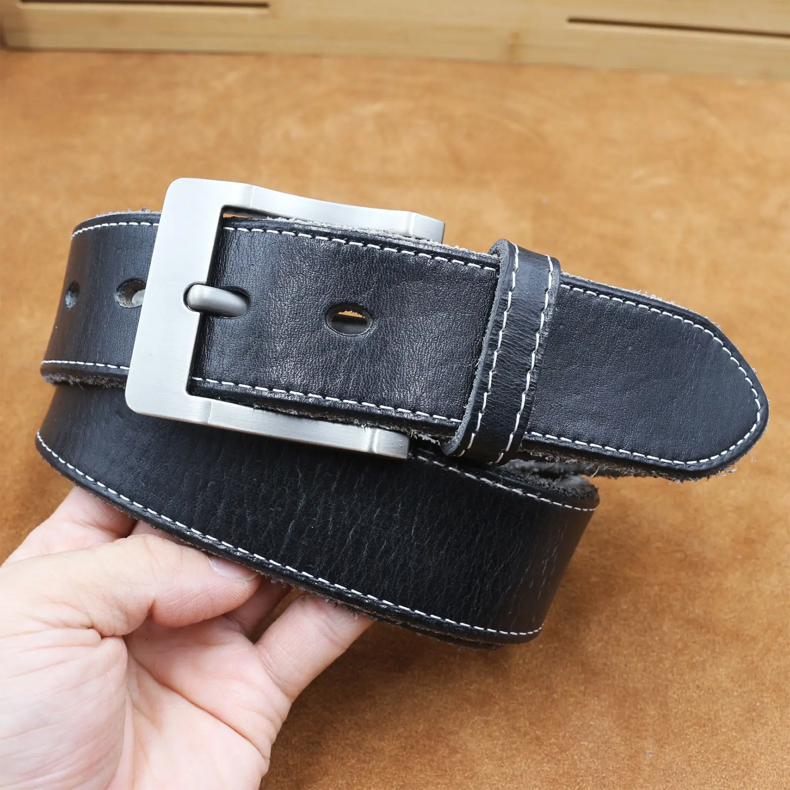 Men's Cowhide Pin Buckle Belt Brown Leather — feature 8