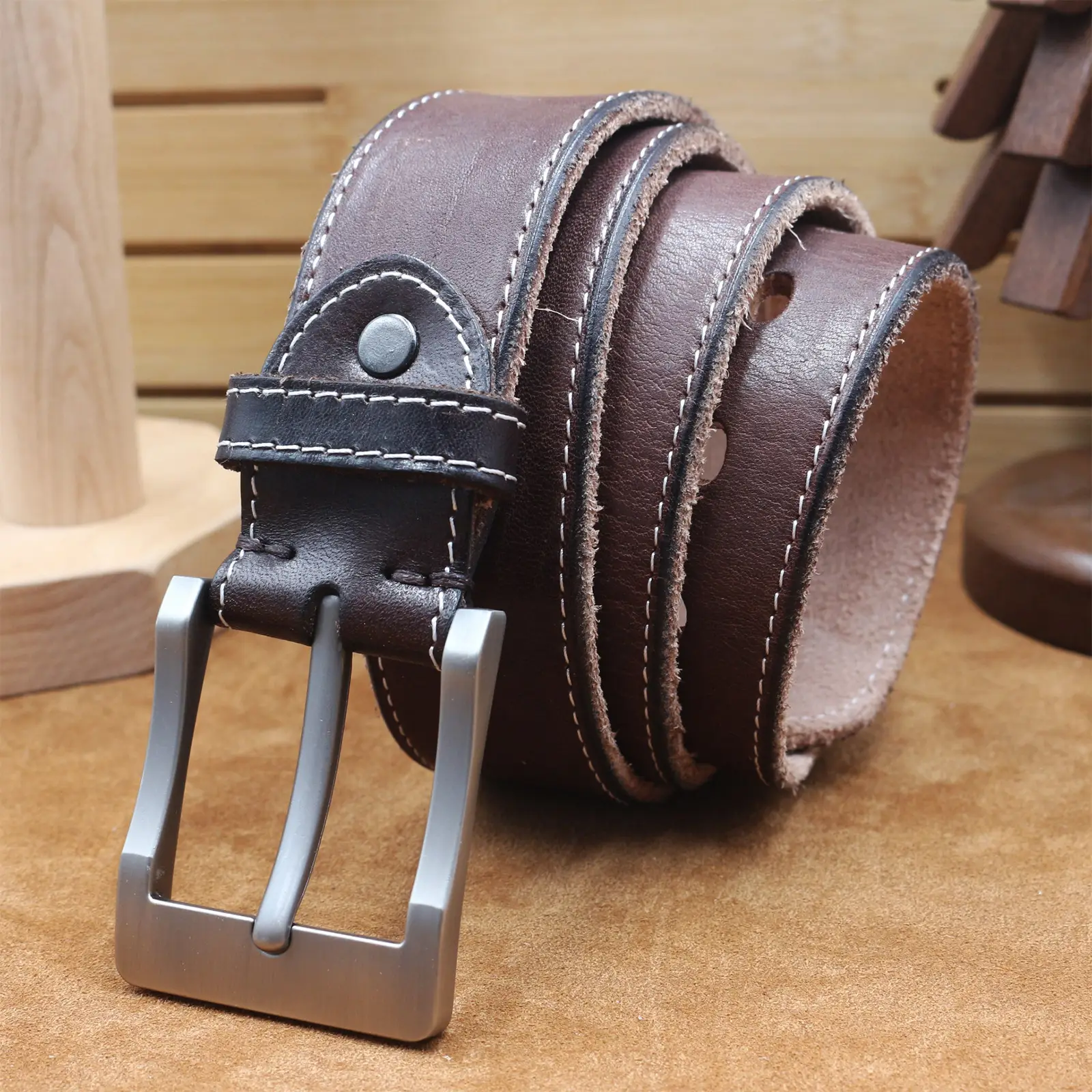 Men's Cowhide Pin Buckle Belt Brown Leather - Image 2