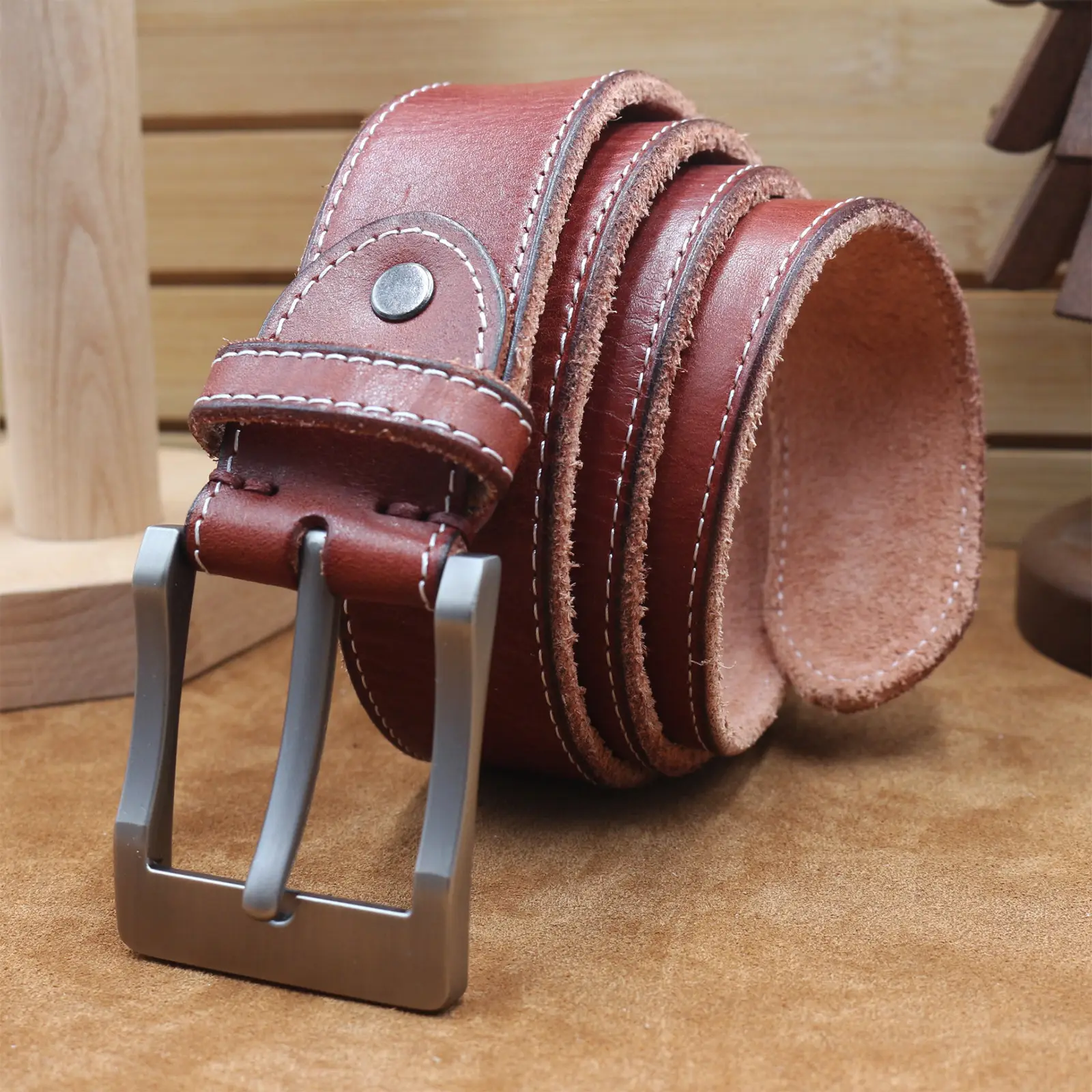 Men's Cowhide Pin Buckle Belt Brown Leather - Image 4