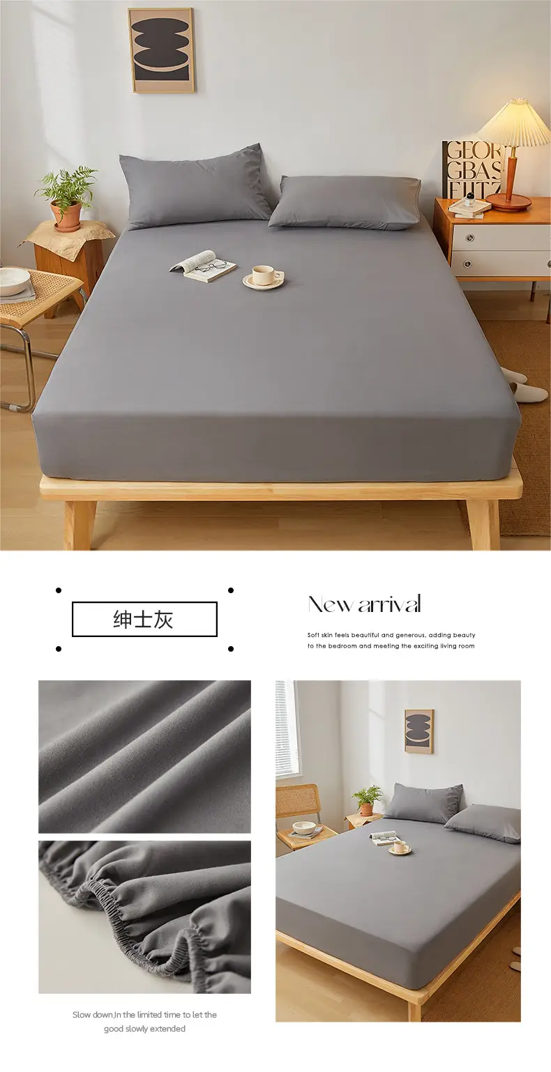 Solid color non-printed wind water wash cotton bed hat bed cover single piece all-inclusive bed sheet mattress non-slip protective cover dust cover wholesale — feature 21