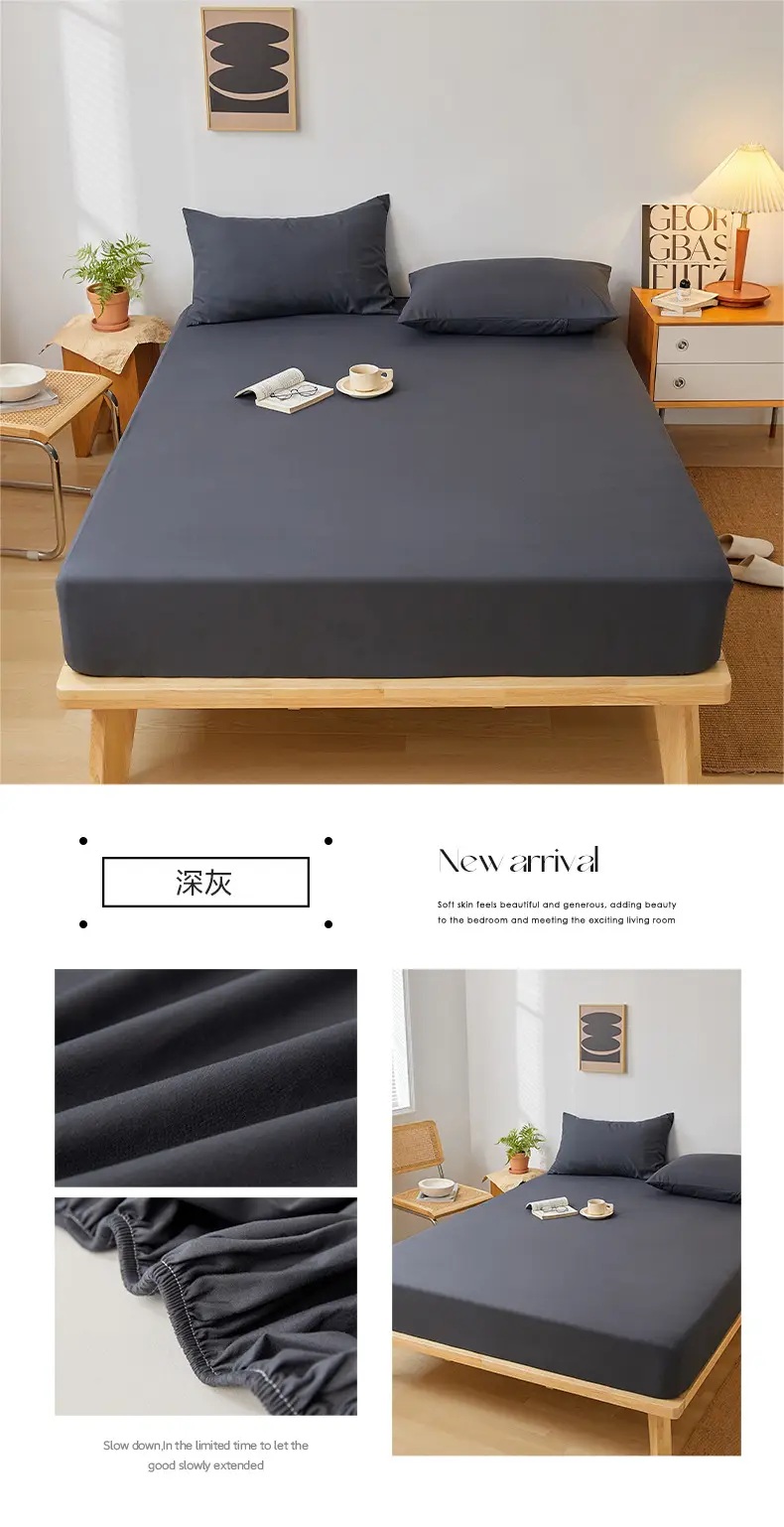 Solid color non-printed wind water wash cotton bed hat bed cover single piece all-inclusive bed sheet mattress non-slip protective cover dust cover wholesale — feature 22