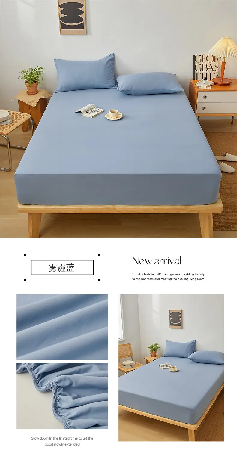 Solid color non-printed wind water wash cotton bed hat bed cover single piece all-inclusive bed sheet mattress non-slip protective cover dust cover wholesale — feature 23