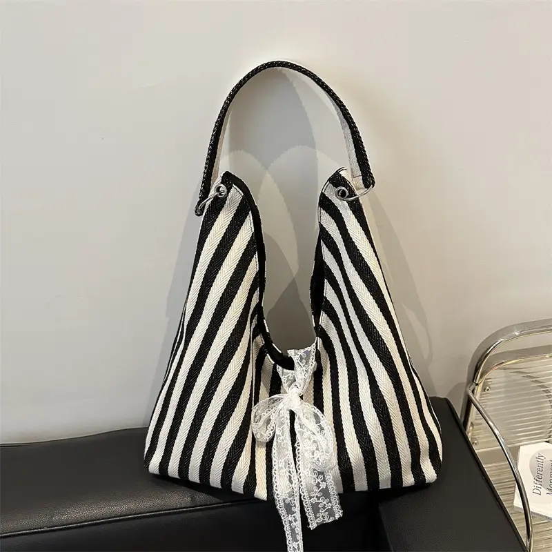 Women's Zebra Striped Shoulder Tote Bag with Lace - Image 6