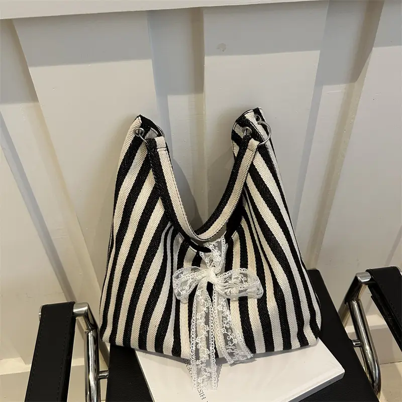 Women's Zebra Striped Shoulder Tote Bag with Lace - Image 7