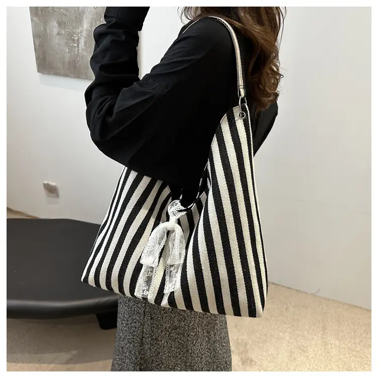 Women's Zebra Striped Shoulder Tote Bag with Lace — feature 10