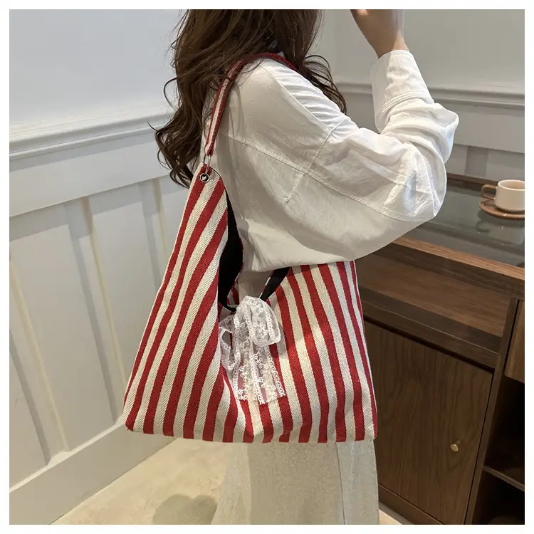 Women's Zebra Striped Shoulder Tote Bag with Lace — feature 11