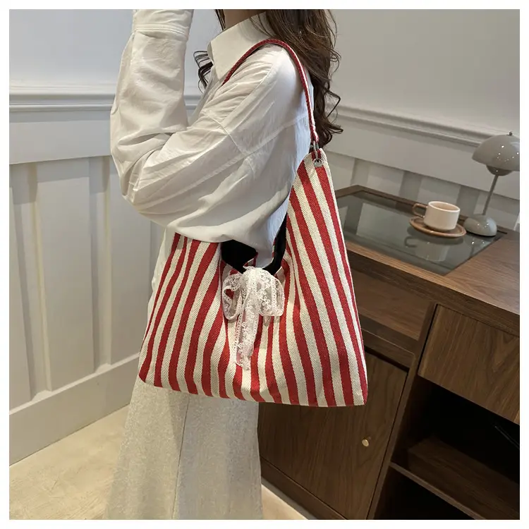Women's Zebra Striped Shoulder Tote Bag with Lace — feature 13