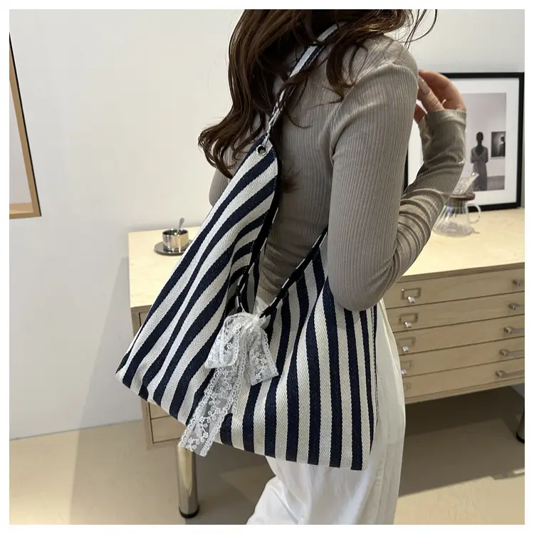 Women's Zebra Striped Shoulder Tote Bag with Lace — feature 15