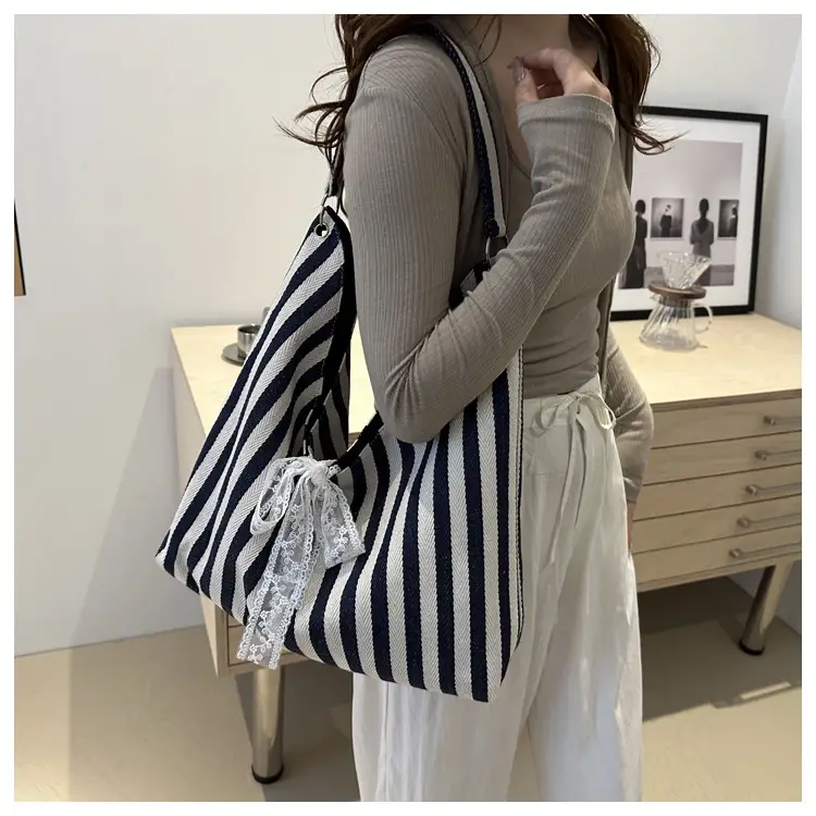 Women's Zebra Striped Shoulder Tote Bag with Lace — feature 16