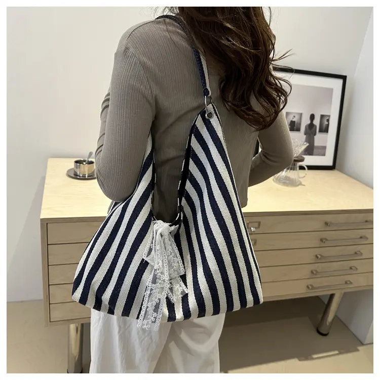 Women's Zebra Striped Shoulder Tote Bag with Lace — feature 17