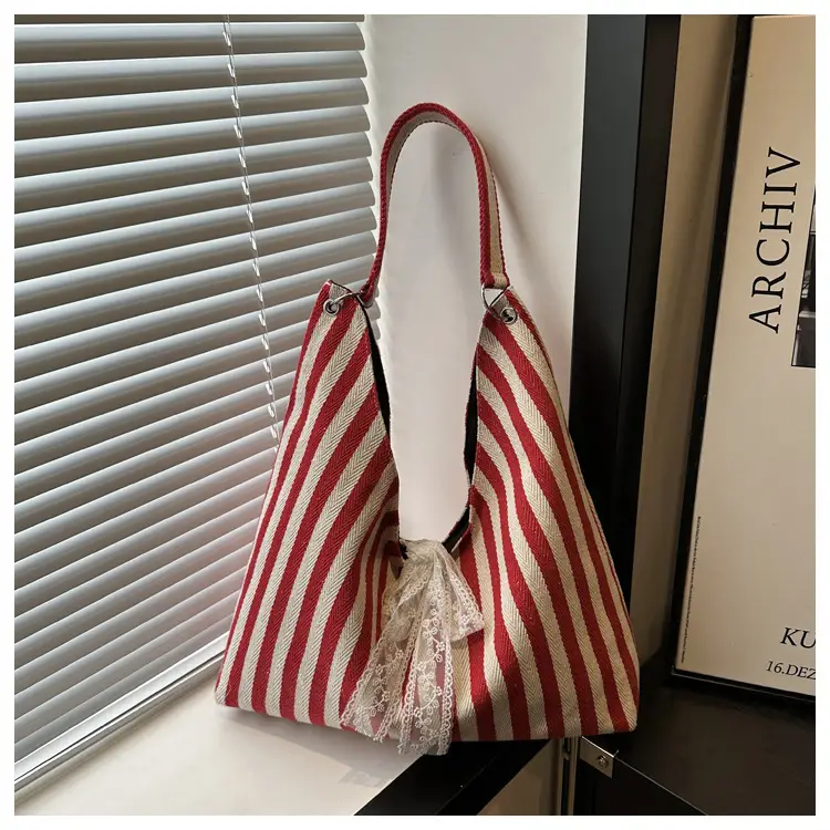 Women's Zebra Striped Shoulder Tote Bag with Lace — feature 20