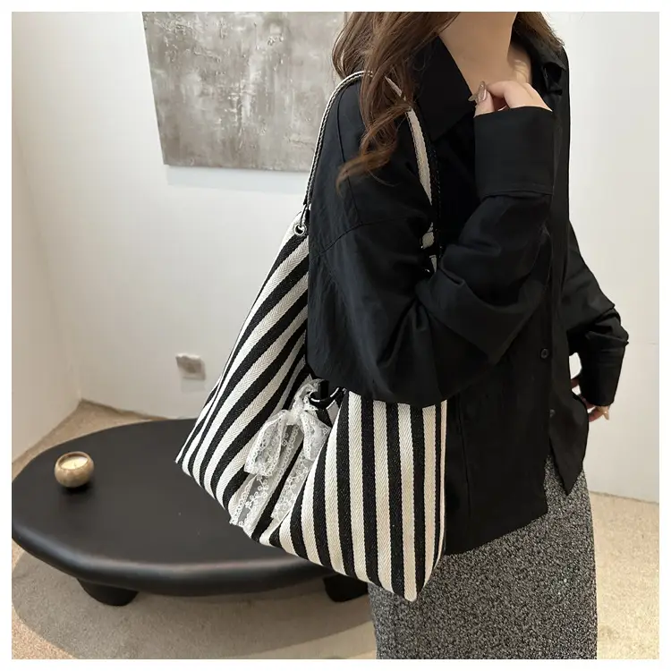Women's Zebra Striped Shoulder Tote Bag with Lace — feature 7