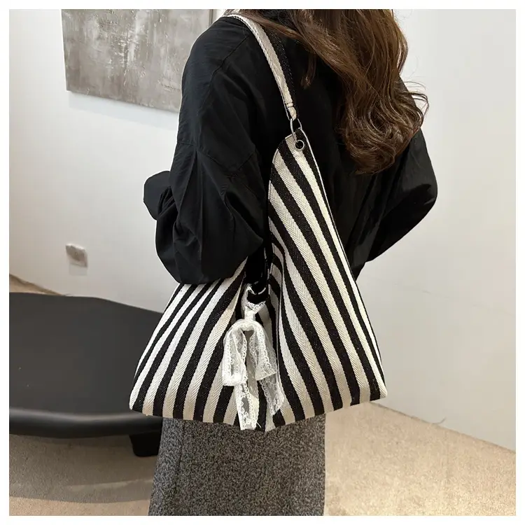 Women's Zebra Striped Shoulder Tote Bag with Lace — feature 9