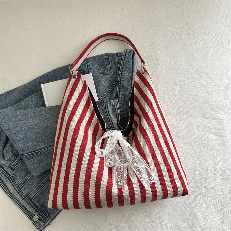Women's Zebra Striped Shoulder Tote Bag with Lace - Image 2