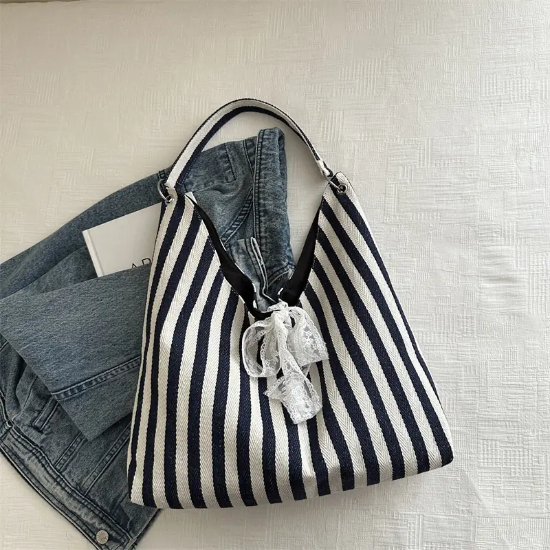 Women's Zebra Striped Shoulder Tote Bag with Lace - Image 3