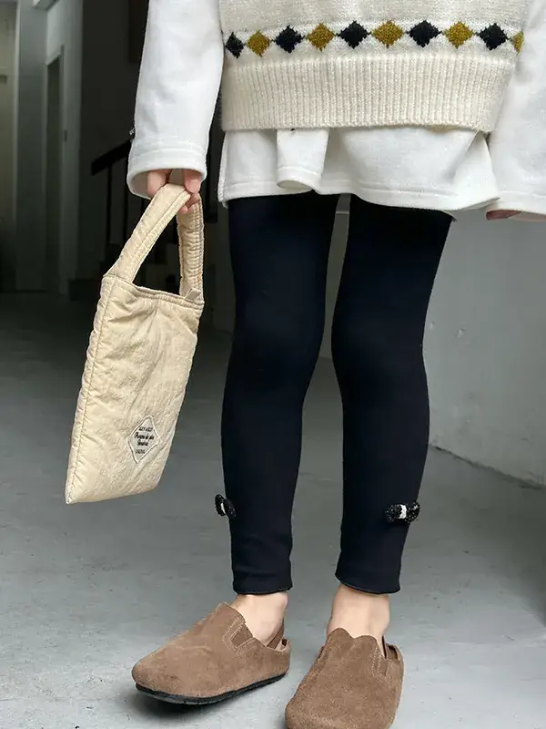 Girls' Grey Black Button Leggings Korean Style Warm School Pants - Image 3