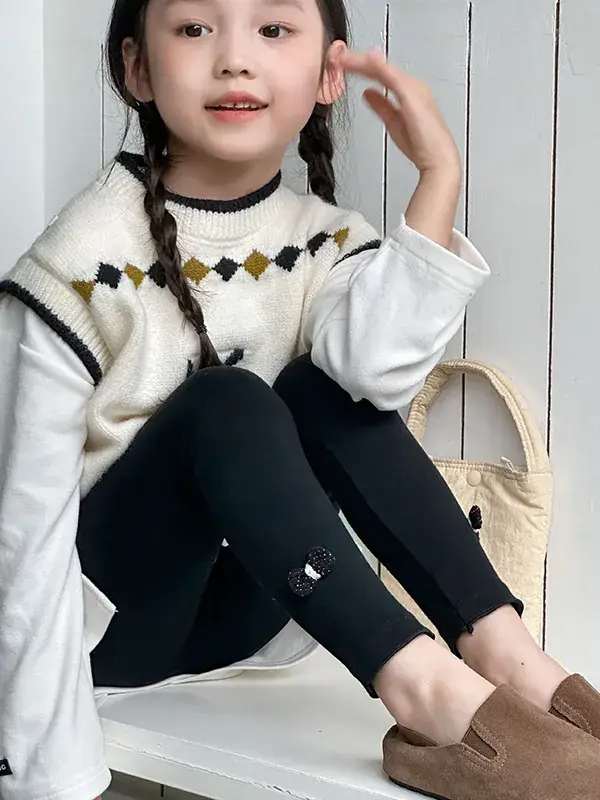 Girls' Grey Black Button Leggings Korean Style Warm School Pants - Image 5