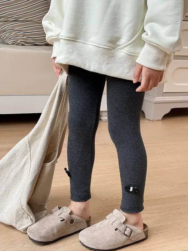Girls' Grey Black Button Leggings Korean Style Warm School Pants - Image 6