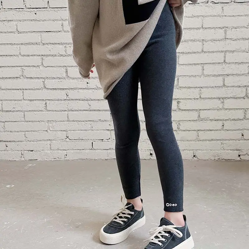 Girls' Grey Black Button Leggings Korean Style Warm School Pants — feature 1