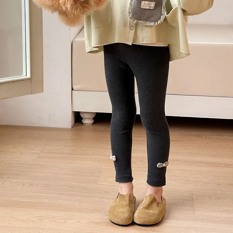 Girls' Grey Black Button Leggings Korean Style Warm School Pants — feature 9