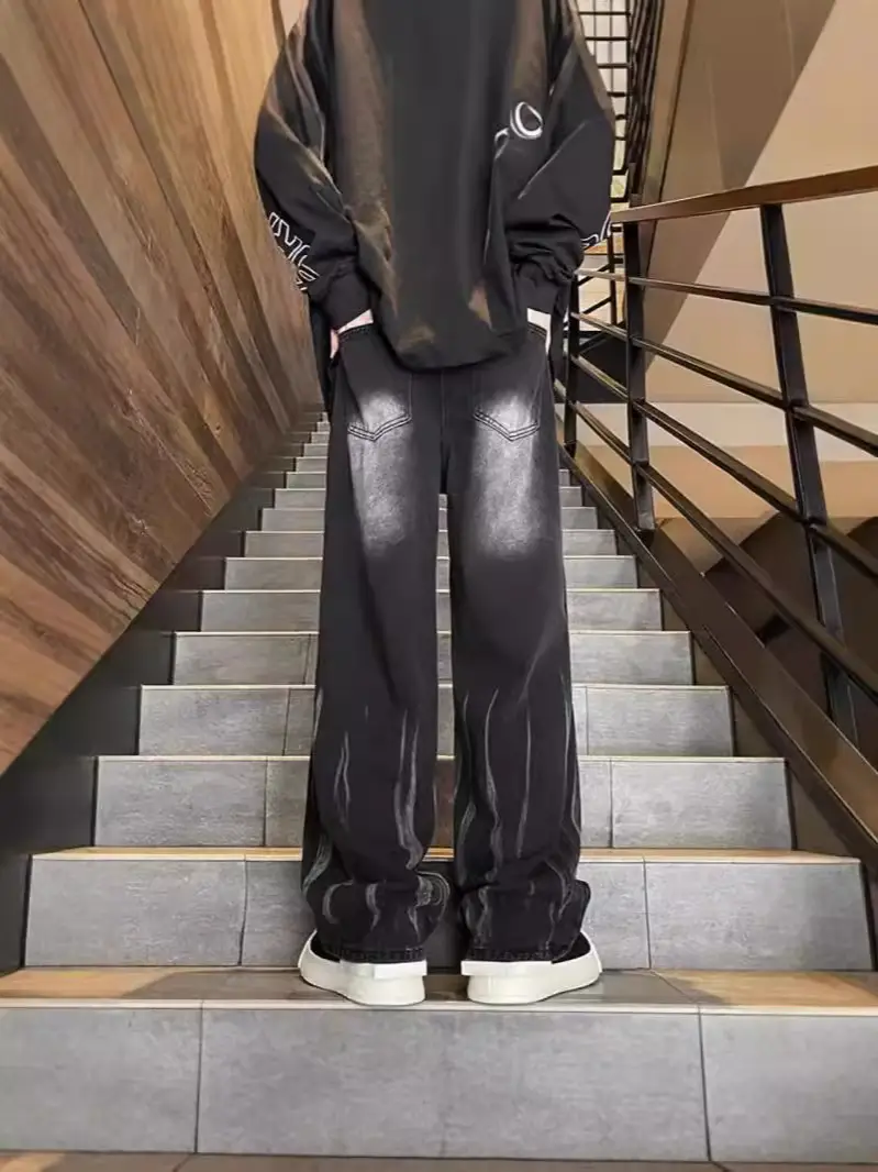 Men Tie-dye Wide-leg Hiphop Pants Loose Straight Jeans - Image 5