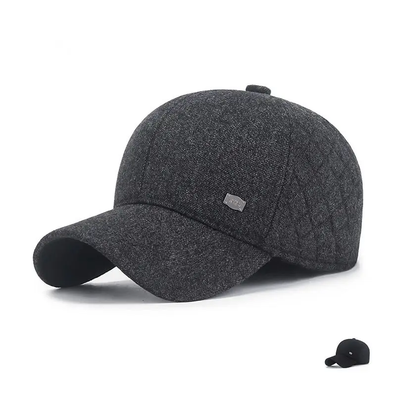 Men Black Cotton Baseball Cap with Ear Protection