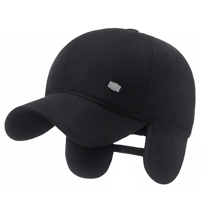 Men Black Cotton Baseball Cap with Ear Protection