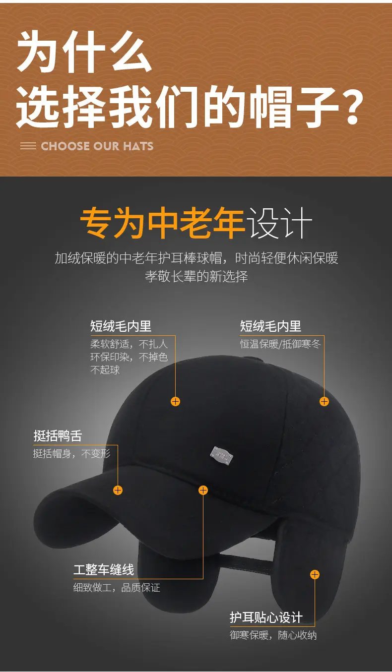 Men Black Cotton Baseball Cap with Ear Protection — feature 2