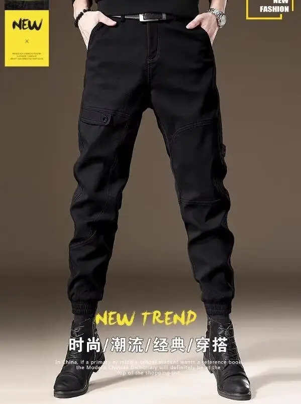 Men Fleece Lined Casual Pants Brown Winter Warm — feature 12
